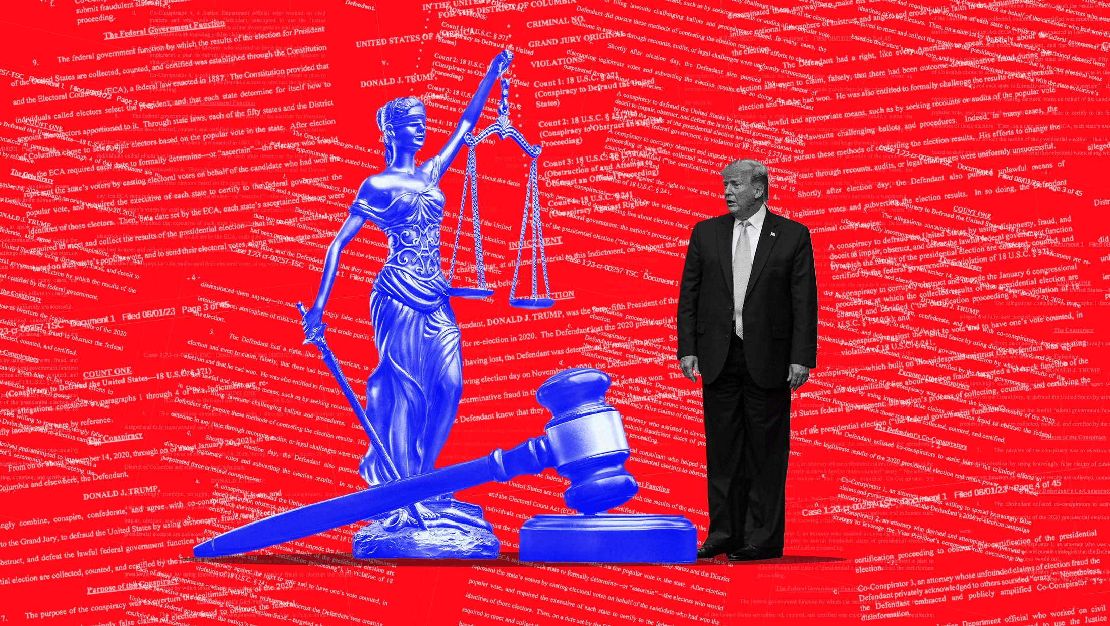 Trump standing next to a blue judges hammer and blue scale, in front of a red background.