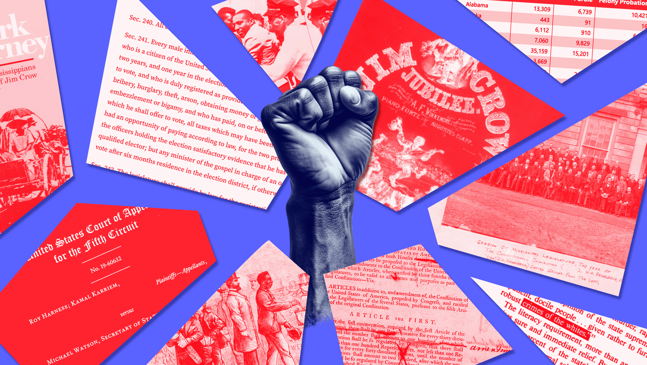 Blue background with shattered pieces in red that detail Mississippi's Jim Crow-era felony disenfranchisement law, Section 241, and the 5th Circuit's strike down of the law. There is a blue-toned fist in the middle of all the shattered pieces.
