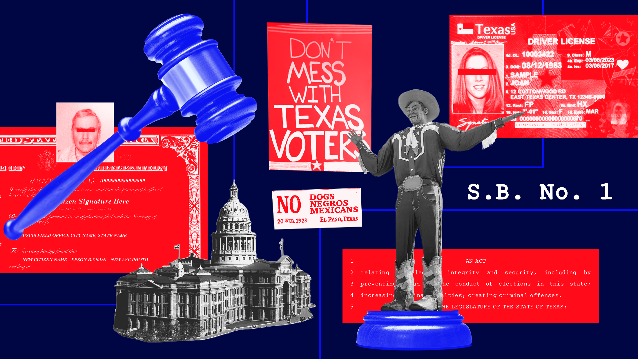 A collage of images related to Texas voters suppression law Senate Bill 1 overlaying a navy blue background. The images in the collage feature a gray gavel, the Texas State Capitol building, a Texas cowboy statue of “Big Tex'' atop a pedestal, a red image of S.B. 1’s bill text, a red protest sign that reads “DON’T MESS WITH TEXAS VOTERS,” a picture of a Texas driver’s license and more. The images are connected by bright blue lines.