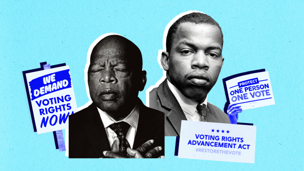 Light blue background with black and white toned images of a young John Lewis and one when he's older in Congress with his eyes closed and hands crossed across his chest. The two images of Lewis are surrounded by signs that read "We Demand Voting Rights Now", "Protect One Person One Vote" and "Voting Rights Advancement Act #RestoreTheVote"