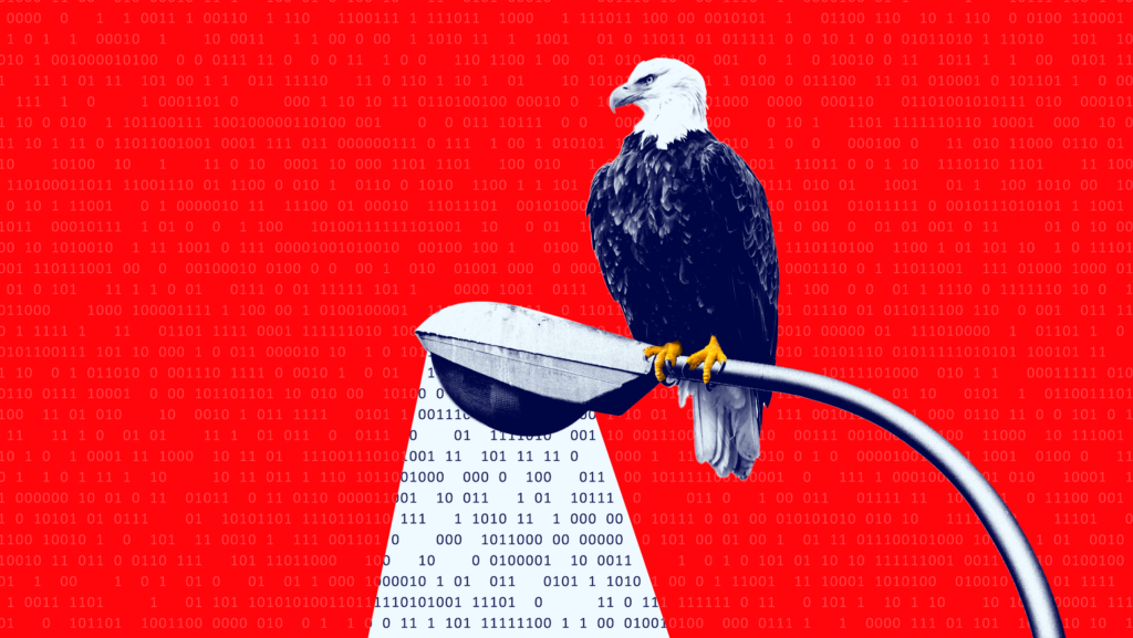 Red background with blue-toned image of an eagle perched on a street lamp, which is casting a light that reveals 0s and 1s, like in a data file.