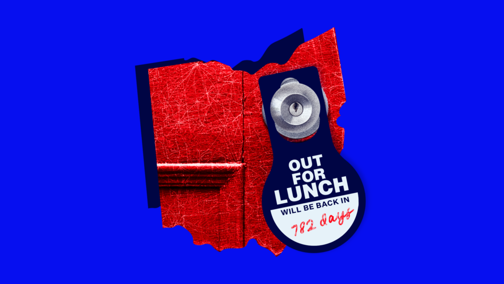 Blue background with red-toned shape of Ohio with a door knob and sign on the door knob that reads "OUT FOR LUNCH WILL BE BACK IN 782 DAYS"