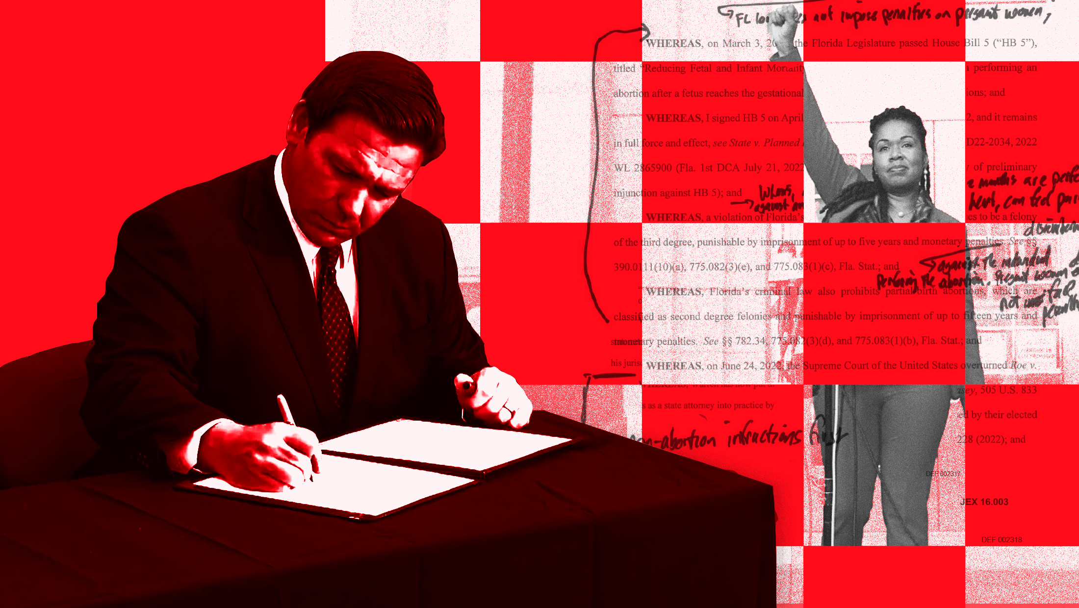 Red background with a black-toned image of Florida Gov. Ron DeSantis (R) signing a document, the edited document explaining DeSantis' suspension of Florida state attorney Monique Worrell's and an image of Monique Worrell standing with her fist in the air.