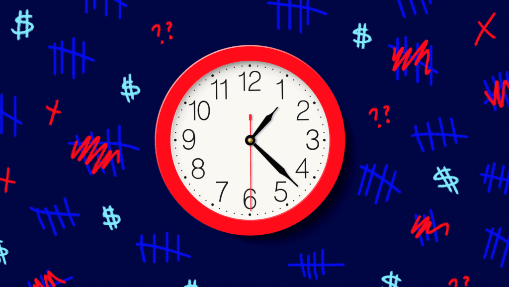 Dark blue background with blue tally marks, red scribbled question marks, light blue dollar signs and a red-framed clock that is spinning in clockwise in gif-format.