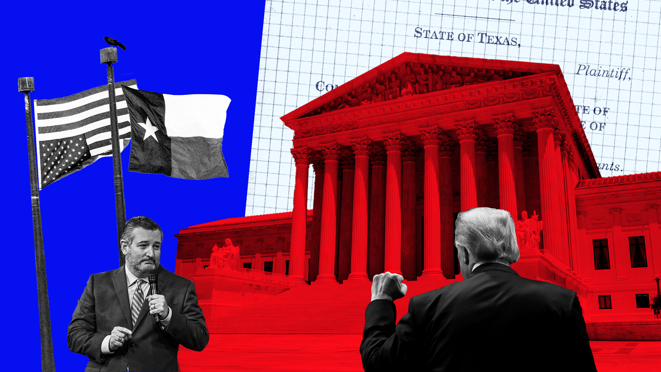 Blue background with a red-toned image of the U.S. Supreme Court, the court document for Texas v. Pennsylvania, an image of Ted Cruz and Donald Trump, the US flag turned upside down and the Texas flag waving next to each other.