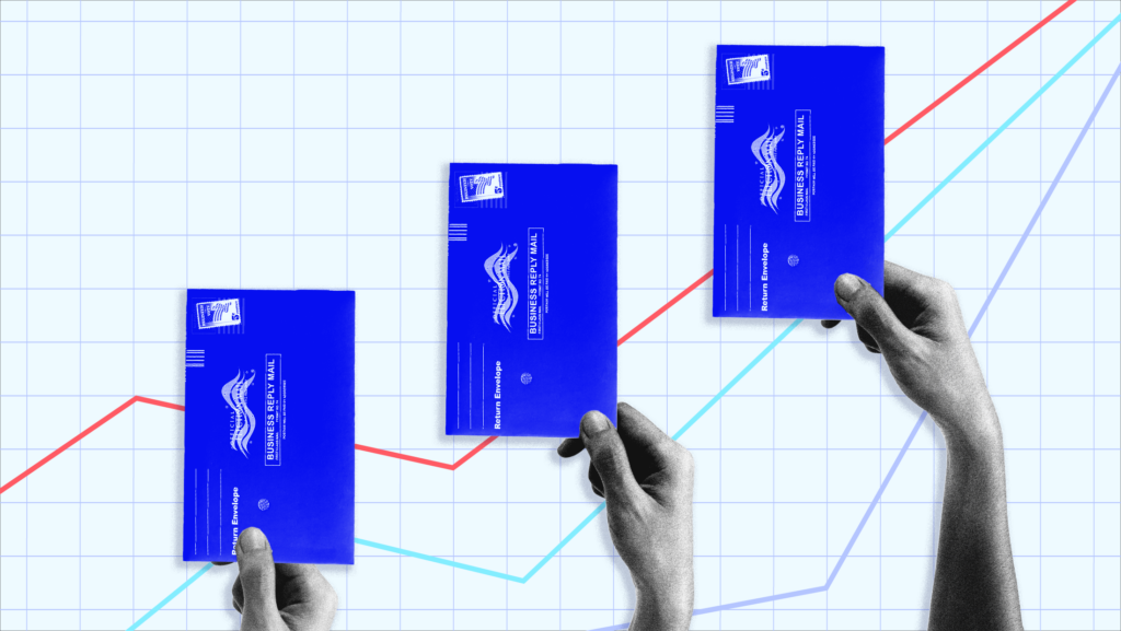 Three hands holding up three blue election mail envelopes, with a graphic paper background featuring red, blue and purple trend lines.