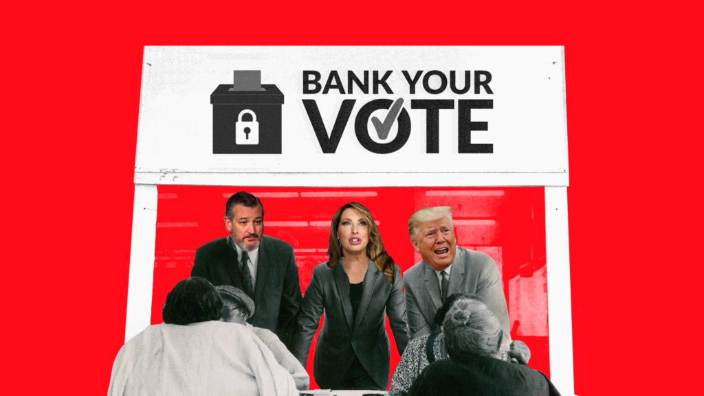 The Bank Your Vote logo in front of a red background, with former President Donald Trump, U.S. Sen. Ted Cruz (R-Texas) and RNC Chairwoman Ronna McDaniel looking down on voters