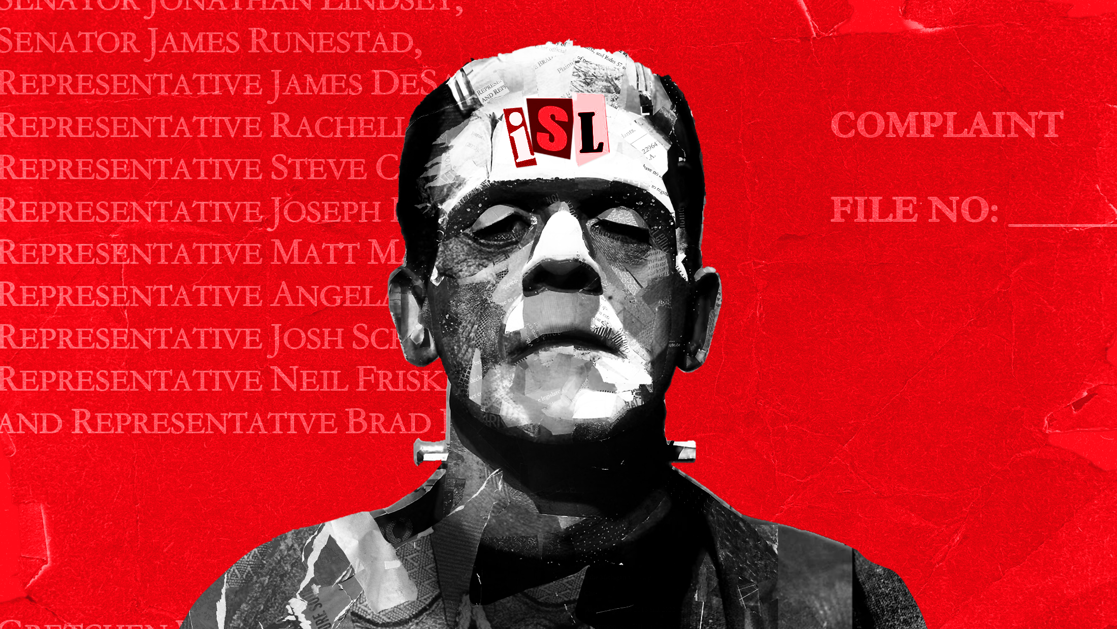 Red background with black and white toned image of Frankenstein's monster with "ISL" printed on his forehead and the complaint from a recent lawsuit in Michigan folded into the background.