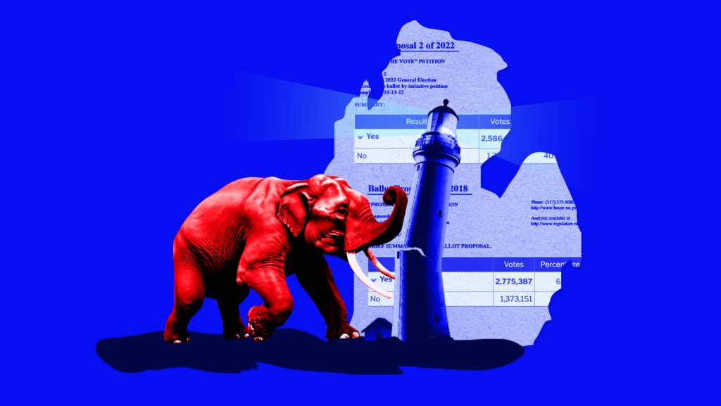 A blue background with a red elephant, and a blue lighthouse overlayed over the state of Michigan with the results of Prop 2 inside of the state