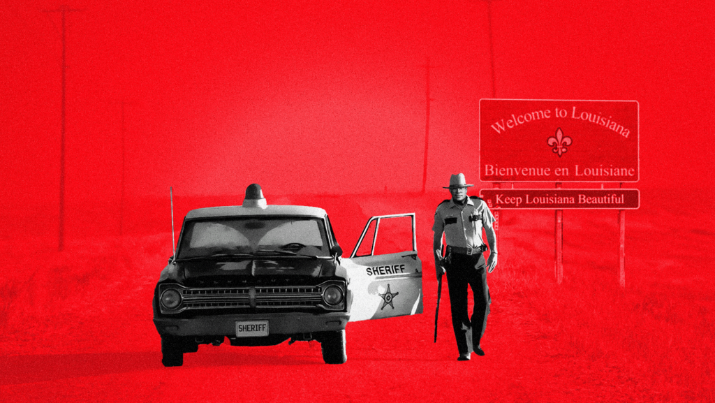 Red background with sign that reads "Welcome to Louisiana" in English and French and "Keep Louisiana Beautiful" and an image of a sheriff standing next to his sheriff's car.