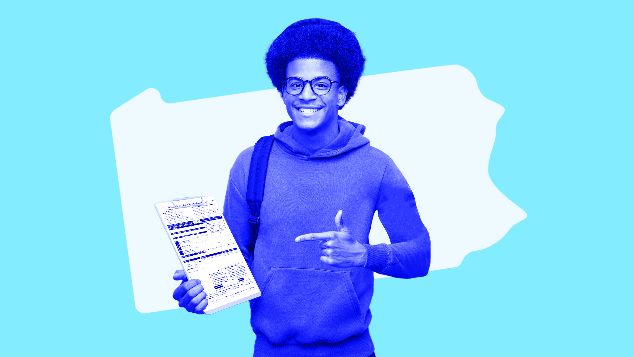 Light blue background with a man standing in front of the Pennsylvania state shape holding and pointing to a voter registration form on a clipboard.