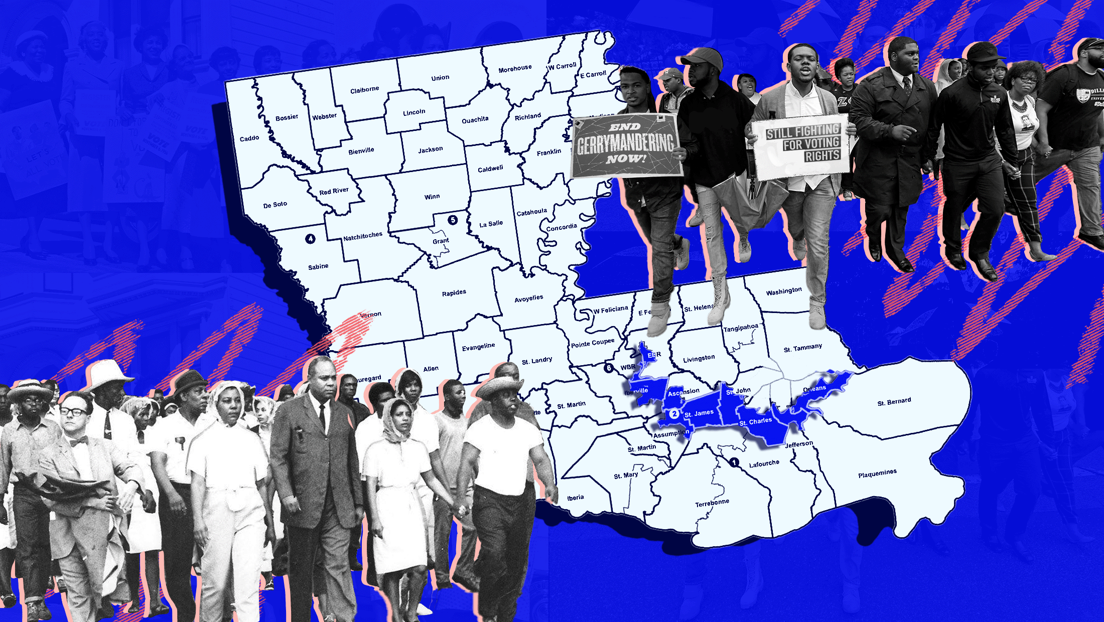 A blue background with a map of Louisiana in the middle. On the left side of the map, there are Black activists from the civil rights movment marching. On the right side of the map, there are modern day Black activists marching for voting rights.