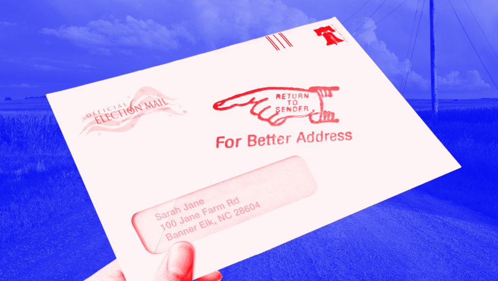 Blue background with someone holding a red-toned mail-in ballot envelope that reads "Return to Sender For Better Address"