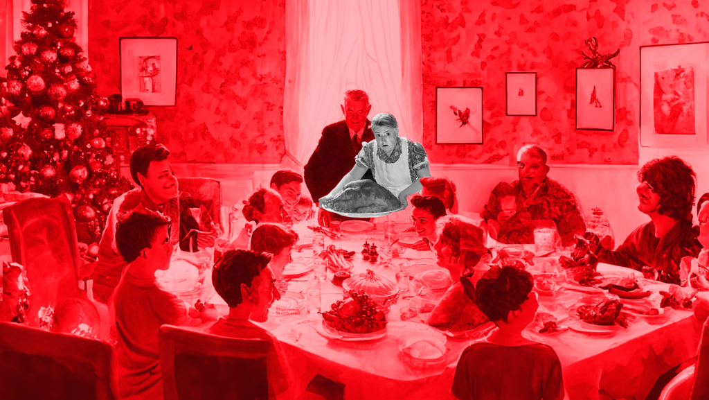 A holiday dinner table filled with people. A woman is presenting a turkey to the table with a shocked face. The graphic has a full red overlay with the exception of the woman.