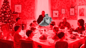 A holiday dinner table filled with people. A woman is presenting a turkey to the table with a shocked face. The graphic has a full red overlay with the exception of the woman.