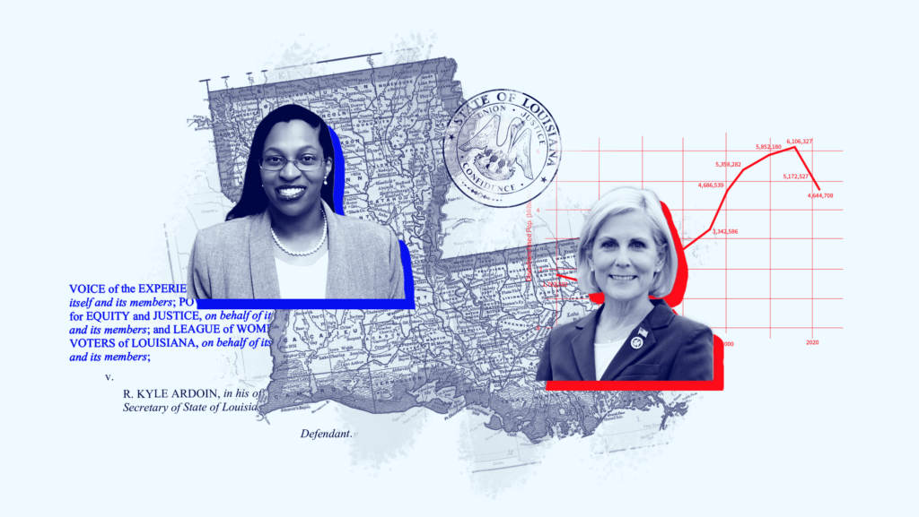 Both candidates are on color-coded according to party and in the middle is a map of Louisiana.
