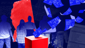 A bright red outline of Mississippi is juxtaposed with a dark blue background and blue-hued voters standing in line. In the foreground, blue ballots are fluttering out of a red ballot box.