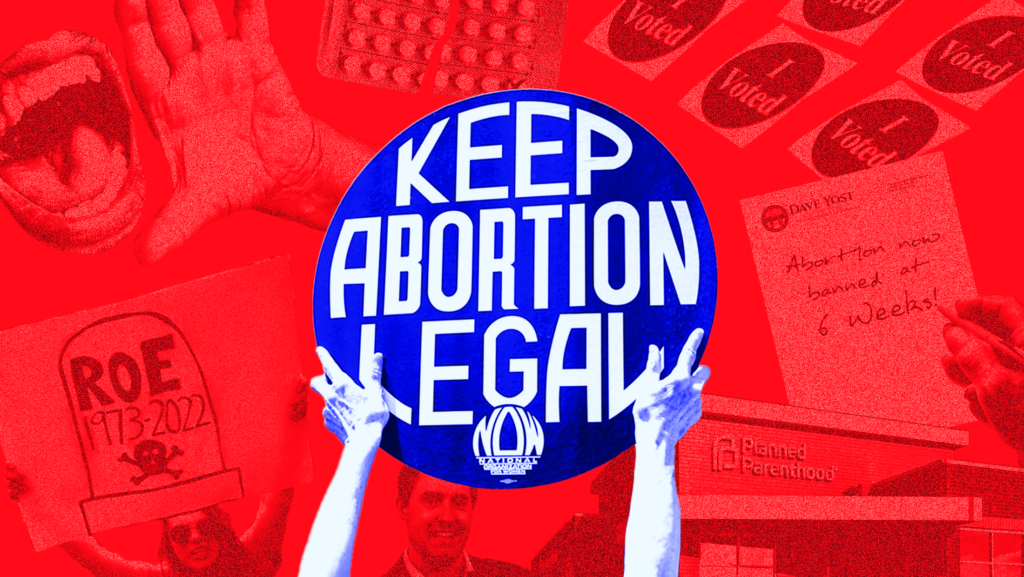 Red background with hands holding up a large blue button that reads "KEEP ABORTION LEGAL"