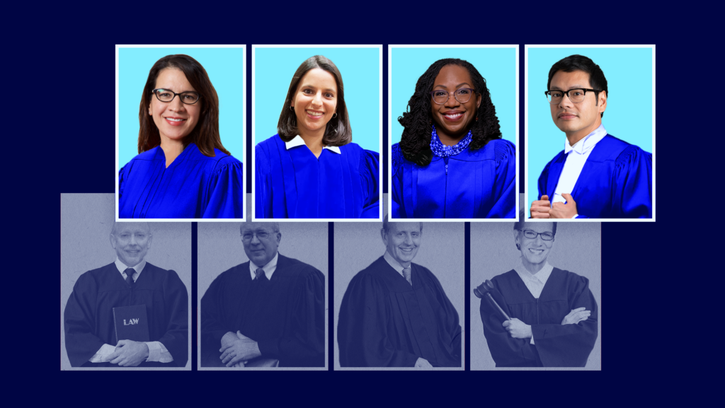 Dark blue background with four faded images of white judges behind four colorful images of four judges/justices from left to right: Judge Nancy Maldonado, Judge Loren AliKhan, Supreme Court Justice Ketanji Brown Jackson and Judge Dale Ho.