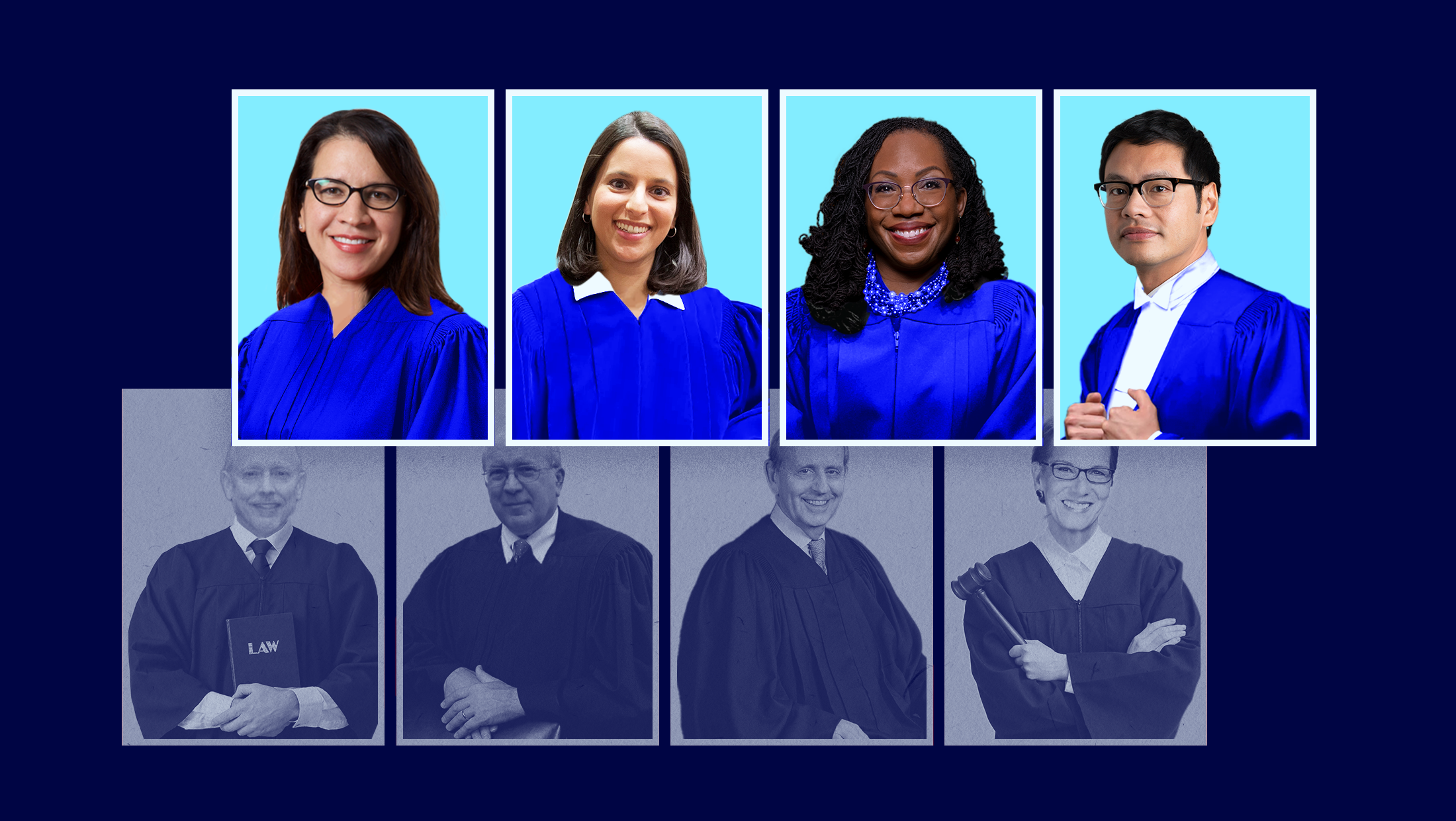 Dark blue background with four faded images of white judges behind four colorful images of four judges/justices from left to right: Judge Nancy Maldonado, Judge Loren AliKhan, Supreme Court Justice Ketanji Brown Jackson and Judge Dale Ho.