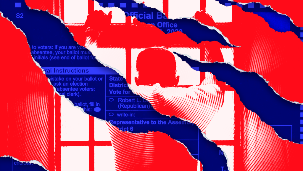 Red background of someone standing behind bars and some of the background ripped away with a blue-toned ballot underneath.