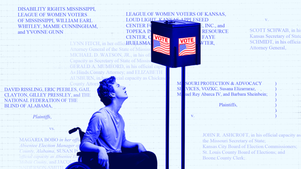 A man in a wheelchair is looking up at a ballot box out of his reach. Text of multiple lawsuits over barriers for those with disabilities are dispersed in the background, all overlayed in blue.