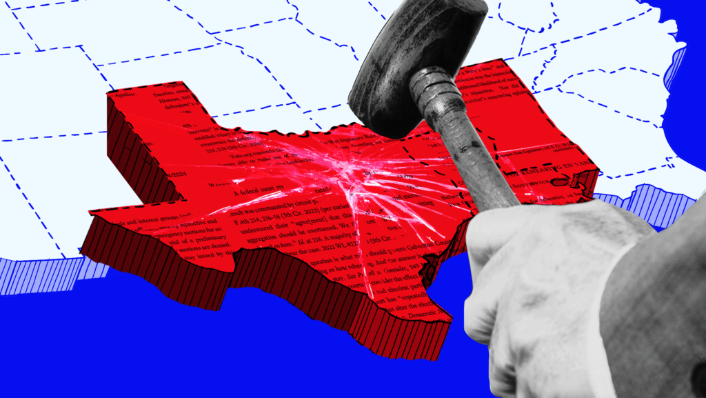 A white United States over a royal blue background that is zoomed in on state's within the 5th U.S. Circuit Court of Appeals. These states, which include Texas, Louisiana and Mississippi, have a shattered glass effect and are shaded red. Within the bounds of these states is text of 5th Circuit court opinions. A hand holds a court gavel over these states, depicting the gavel shattering these states like a hammer.