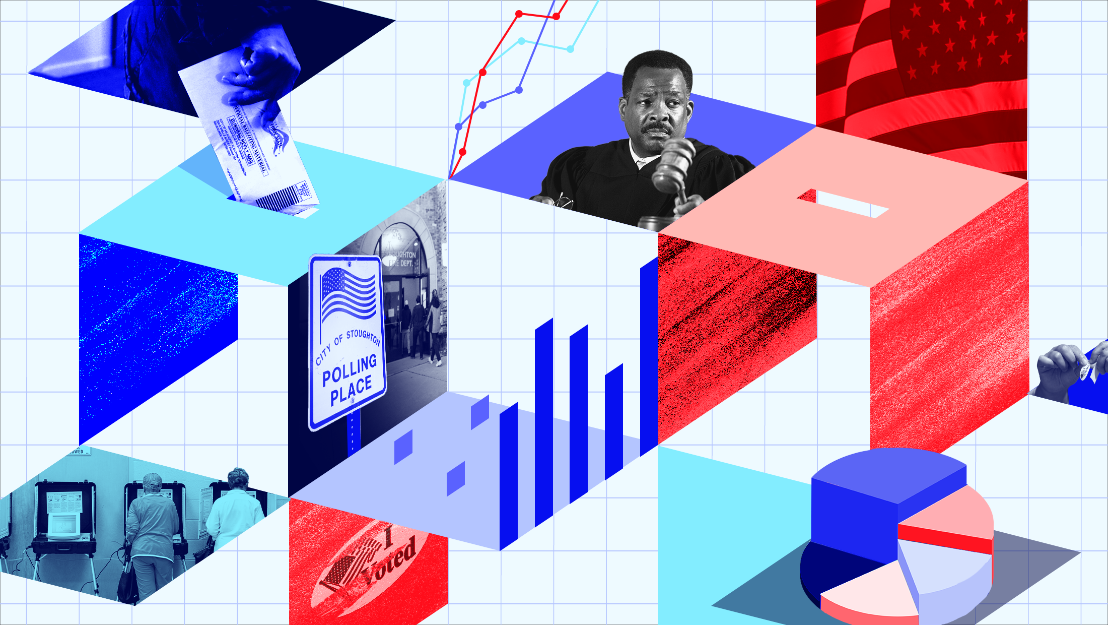 Light blue background with dark blue lines on a graph paper background. Overlaying the graph paper background is a collage of red, teal and dark blue geometric-shaped images. Images include a picture of an American flag, a polling place, an “I Voted” sticker, a sign that says “Polling Place,” a male judge holding a gavel and a multi-colored 3-D pie chart with segments colored dark blue, red, navy blue, light red and periwinkle in the bottom right-hand corner of the graphic.