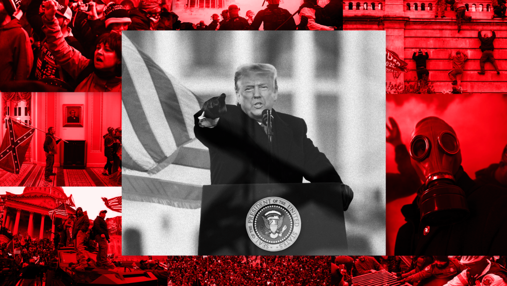 Red background with images of the Jan. 6, 2021 insurrection faded into the background and surrounding a black and white toned image of Donald Trump speaking in front of a podium with the presidential seal.