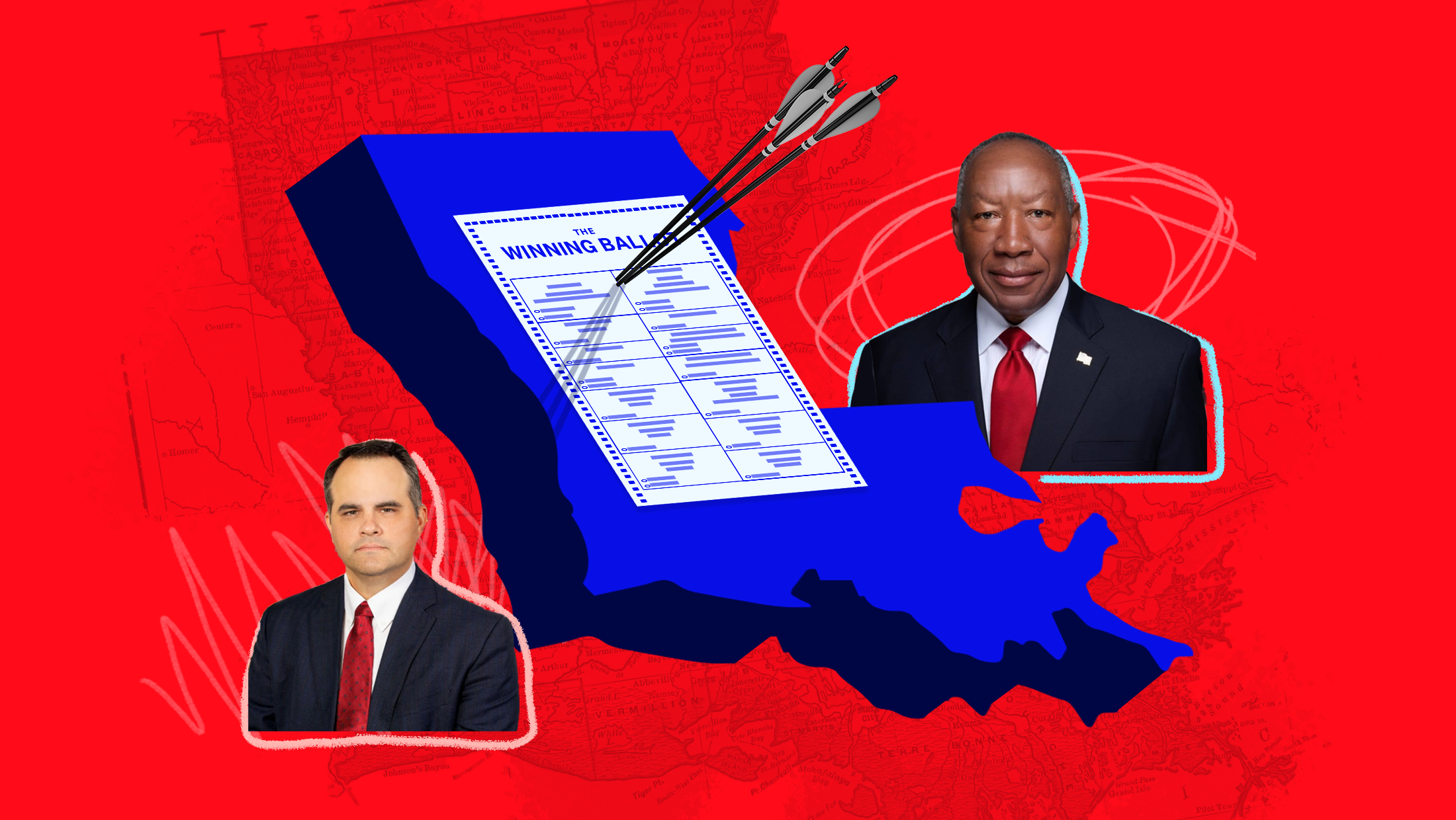 Red background with a map of Louisiana faded into the background, and in the foreground, a blue shape of Louisiana with a ballot that reads "THE WINNING BALLOT" and three darts piercing through the middle. To the left of the state shape is John Nickelson, the white Republican candidate for Caddo Parish, Louisiana sheriff and to the right is Henry Whitehorn, the Black Democratic candidate for Caddo Parish, Louisiana sheriff.