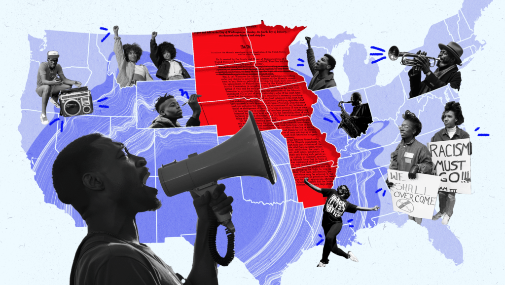 Light blue background with map of the United States and the seven states covered by the 8th U.S. Circuit Court of Appeals -- Arkansas, Iowa, Minnesota, Missouri, Nebraska, North Dakota and South Dakota -- are shaded in red while the other states are shaded in blue. There are also images across the map of people protesting, playing music, holding up signs that say "Racism must go" and other musical elements. On the foreground is a larger image of someone shouting into a megaphone.
