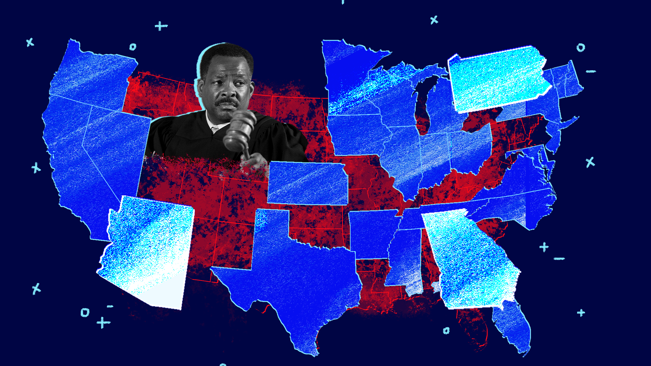 Blue background with map of the United States that is partially shaded in a lighter shade of blue and red and three main states highlighted: Arizona, Georgia and Pennsylvania. On the left side of the map is a judge holding a gavel.