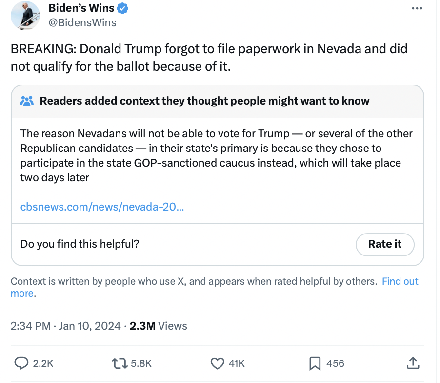 A post on Twitter/X that falsely reads: BREAKING: Donald Trump forgot to file paperwork in Nevada and did not qualify for the ballot because of it. A community note joins the post pointing out its inaccuracies.