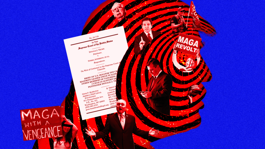 Blue background with red and black concentric circle vortex in the center which is filled with images of Mitch McConnell, Ted Cruz, Ron DeSantis, Steve Scalise, the amicus brief filed by 179 congressional Republicans in support of Trump remaining on the ballot in Colorado, red signs that read "MAGA with a vengeance" and "MAGA revolt" and a red hat that reads "TRUMP FOREVER"
