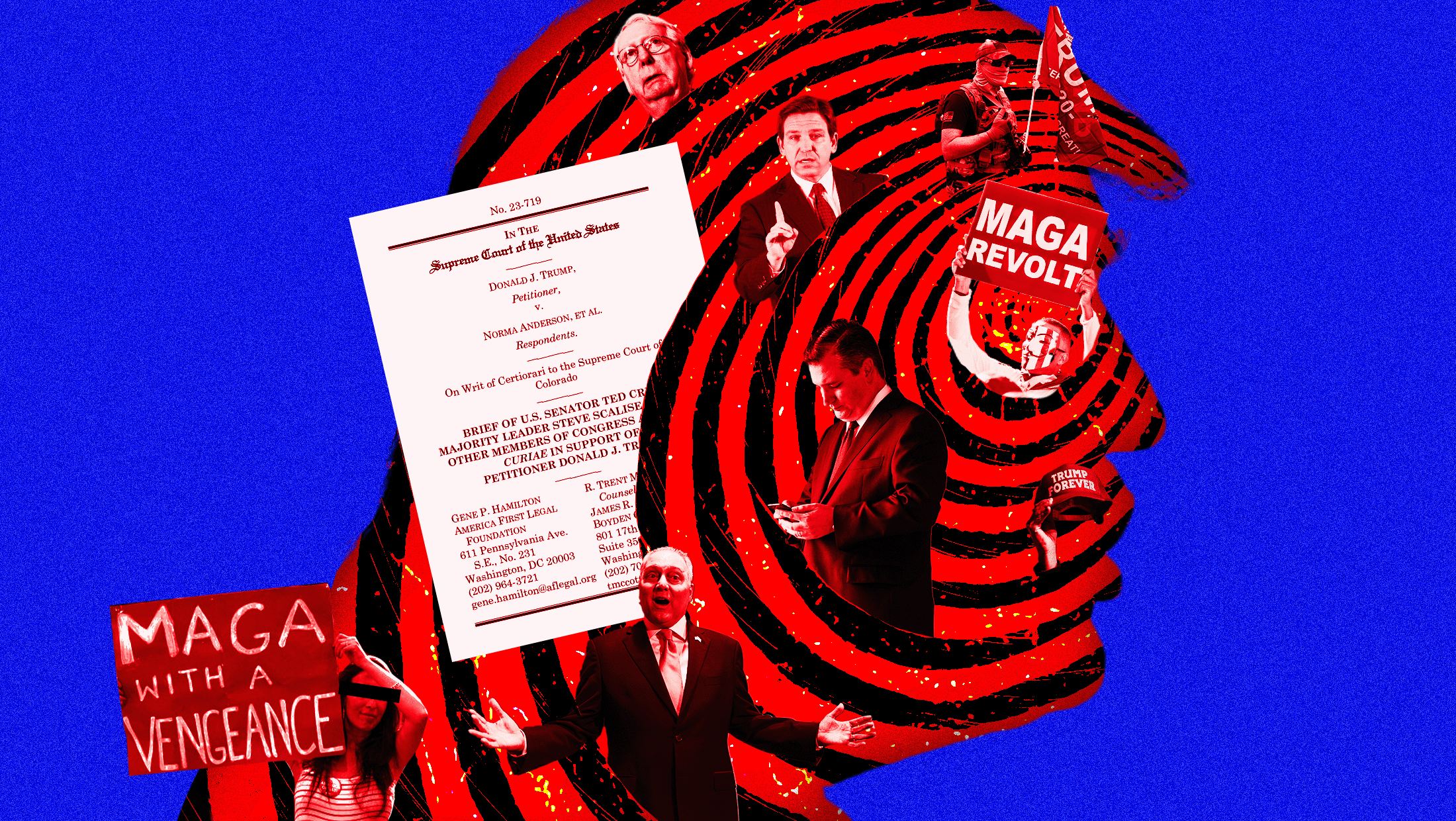 Blue background with red and black concentric circle vortex in the center which is filled with images of Mitch McConnell, Ted Cruz, Ron DeSantis, Steve Scalise, the amicus brief filed by 179 congressional Republicans in support of Trump remaining on the ballot in Colorado, red signs that read "MAGA with a vengeance" and "MAGA revolt" and a red hat that reads "TRUMP FOREVER"