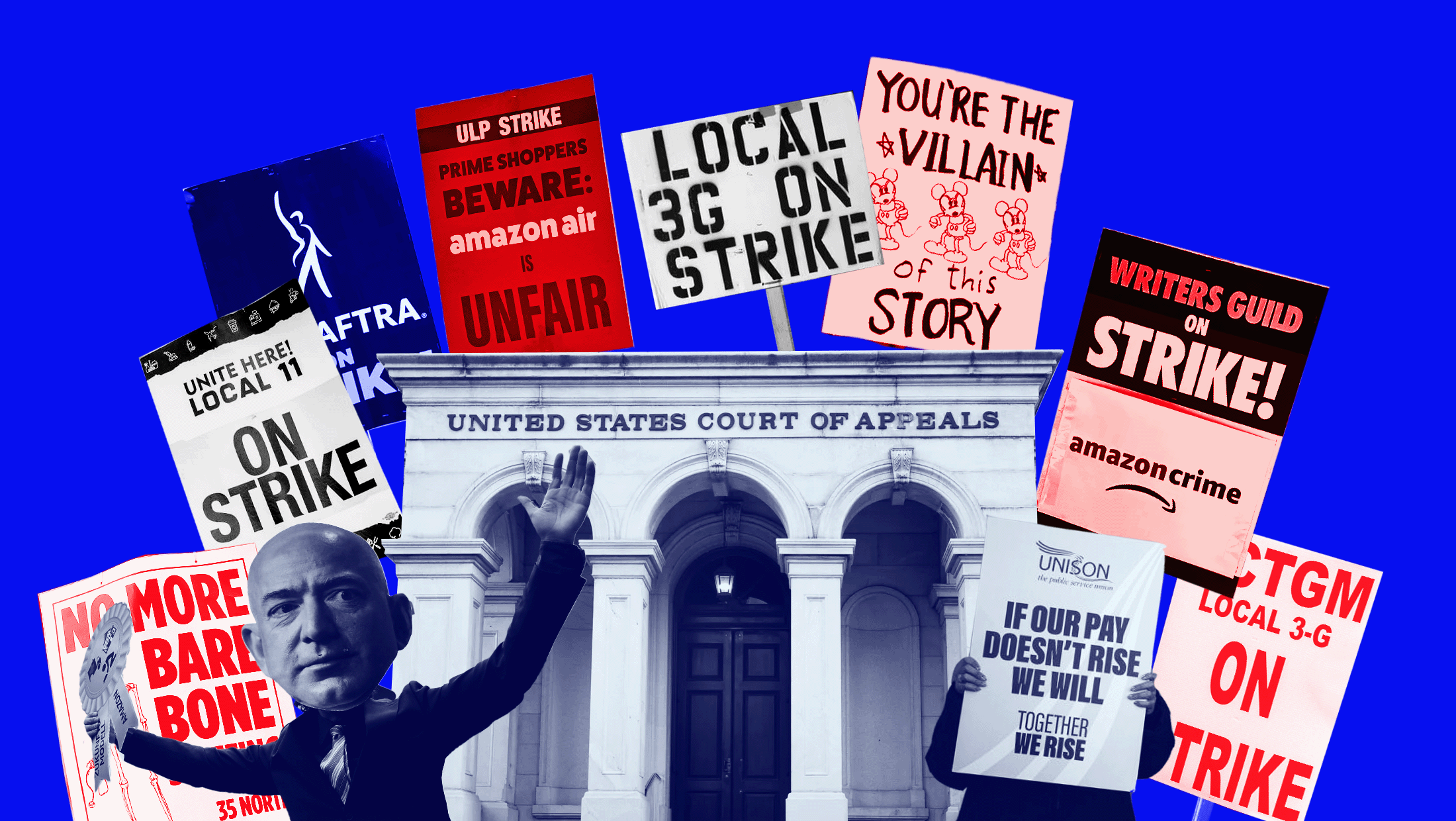Blue background with image of a United States Court of Appeals in the middle surrounded by protest signs of different workers on strike and an image of Jeff Bezos.