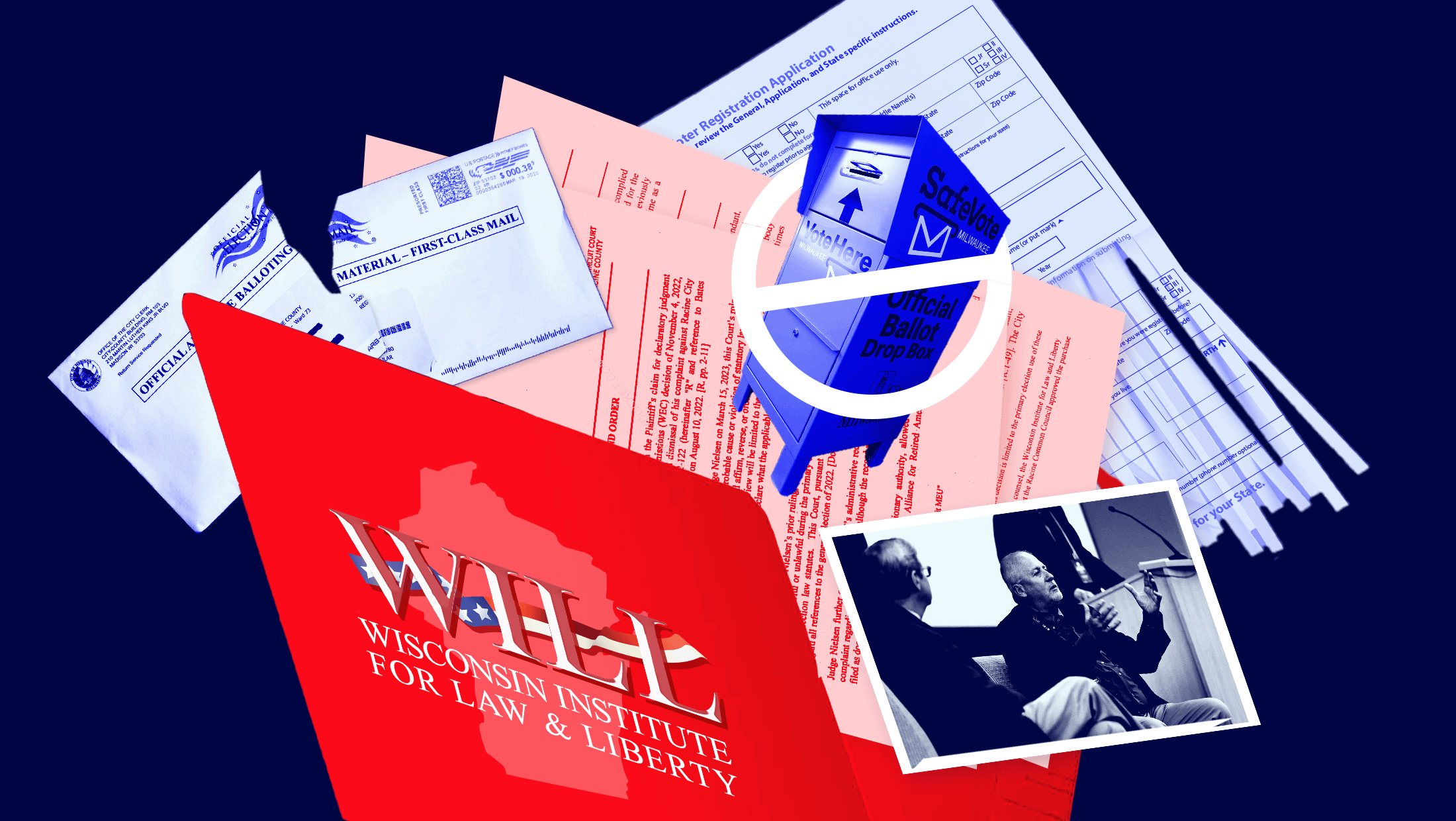 A collage of items in front of a dark blue background that include: A ripped mail-in ballot envelope, a blue postal box with that is crossed out, WILL's logo, a voter registration application and Rick Esenberg talking