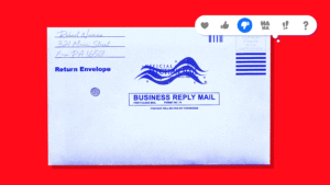 Red background with a blue mail-in ballot return envelope and a reaction message bubble that switches from thumbs up to thumbs down as a gif