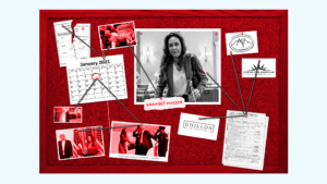 A red cork bulletin board with various photos of Harmeet Dhillon and documents of the organizations she's attached to. There's string connecting the different photos and documents pinned to the board.