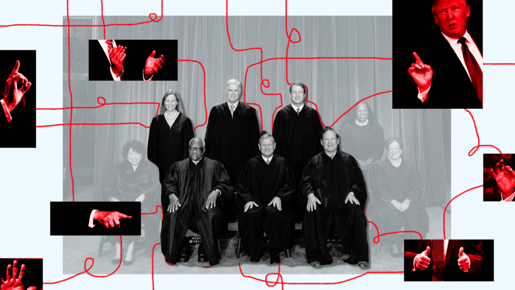 White background with the nine Supreme Court justices sitting down in the middle, and the three liberal justices -- Sonia Sotomayor, Ketanji Brown Jackson and Elena Kagan -- are faded into the background. There are black and red images of Donald Trump and diferent hand gestures he's made, with a red line connecting all of the Trump images.