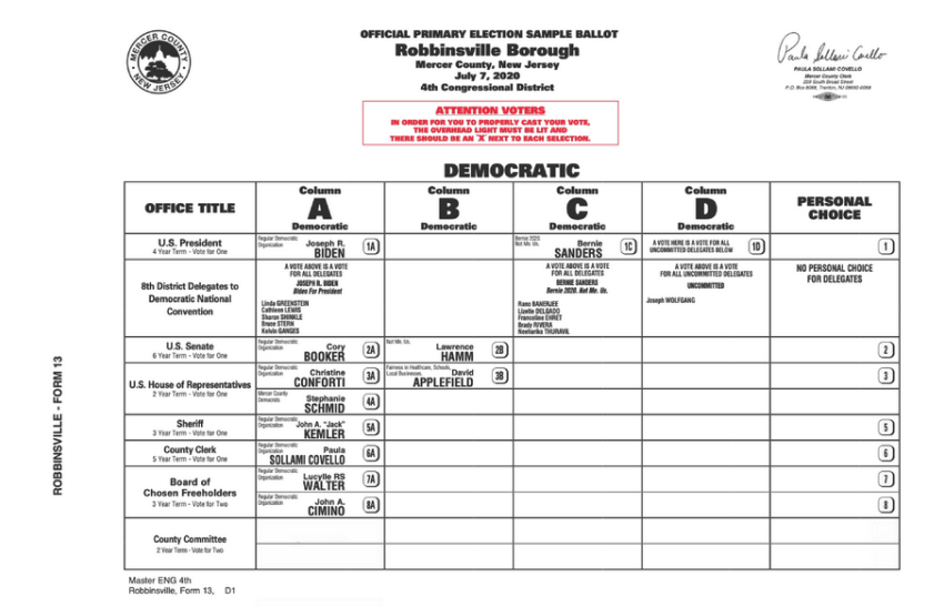 Image of a sample New Jersey primary ballot. 