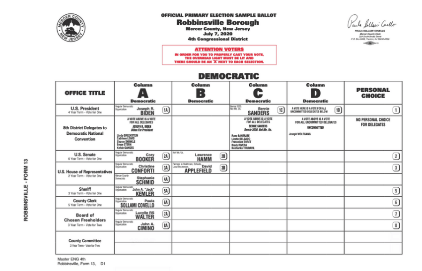 Image of a sample New Jersey primary ballot.