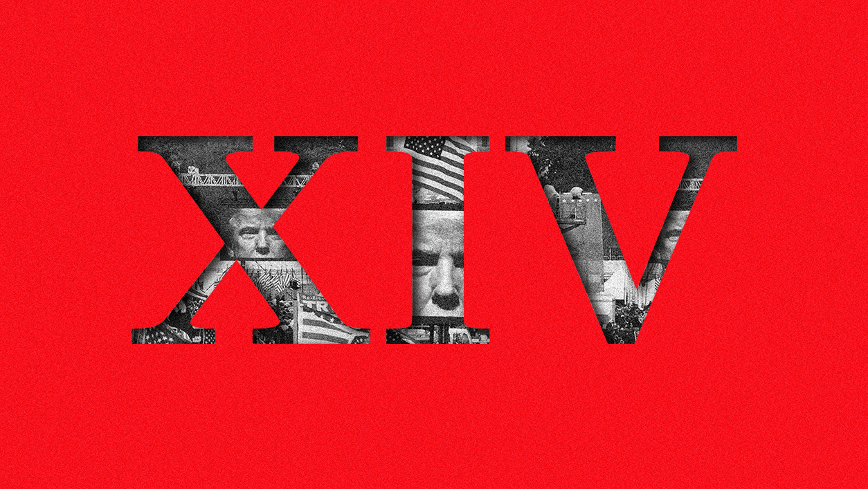 The roman numeral for 14 set in a red background. The roman numeral is filled with images of Trump and the American flag.