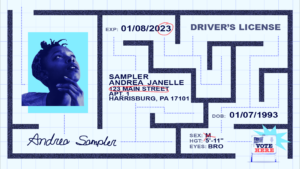 Light blue background with a blue maze -- in the style of a driver's license -- that contains a headshot, experation date (with a red circle around the year), a sample address (with the street circled in red), the date of birth, sex (with the "M" crossed out in red), height, eye color and signature. In the bottom right corner is a "VOTE HERE" sign.