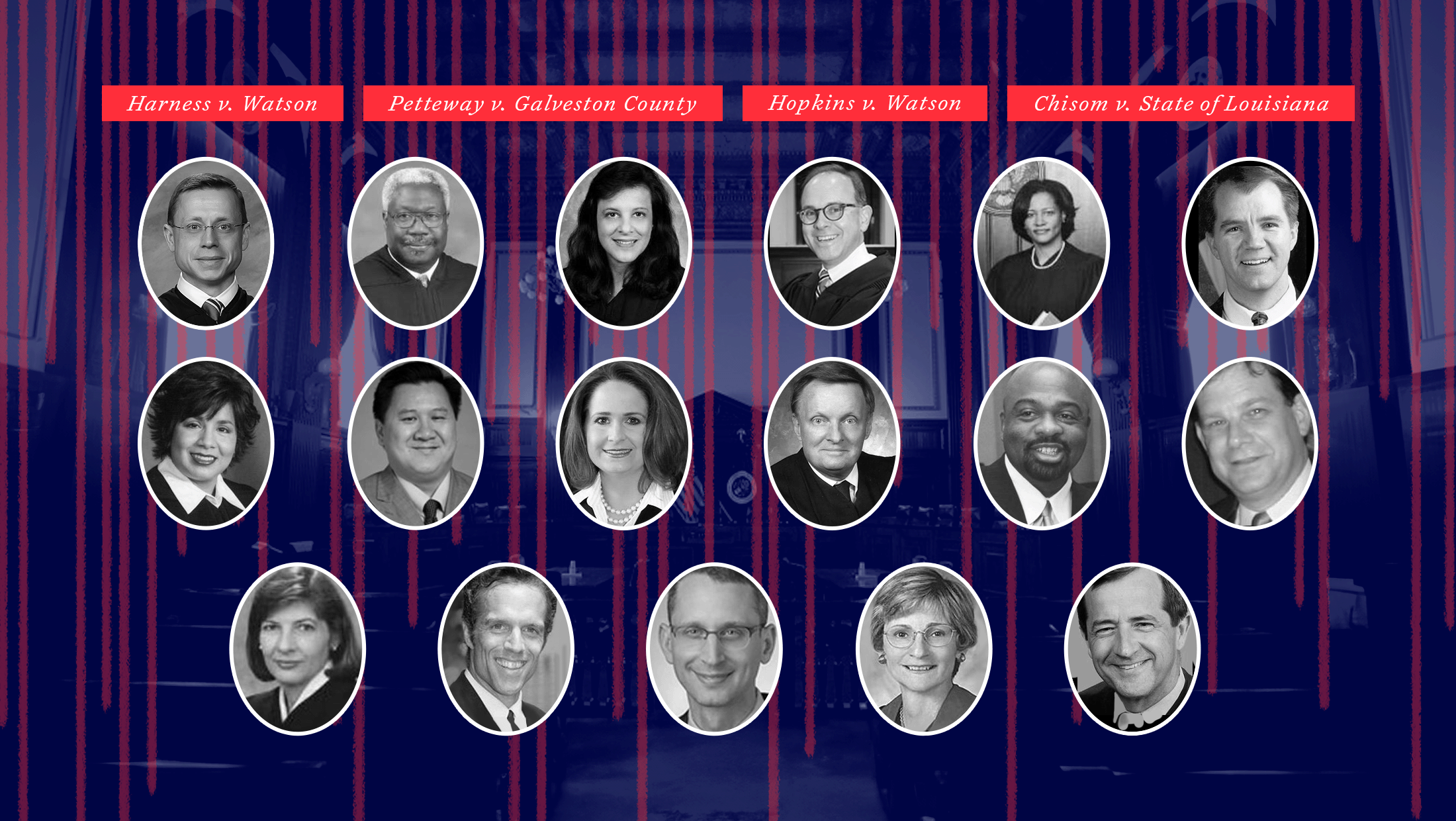 Faded blue background with a photograph of the inside of the 5th Circuit's en banc coutroom. Placed over this faded background are the headshots of each member of the 5th Circuit. In red, the case names of four cases are written across the top of the image.