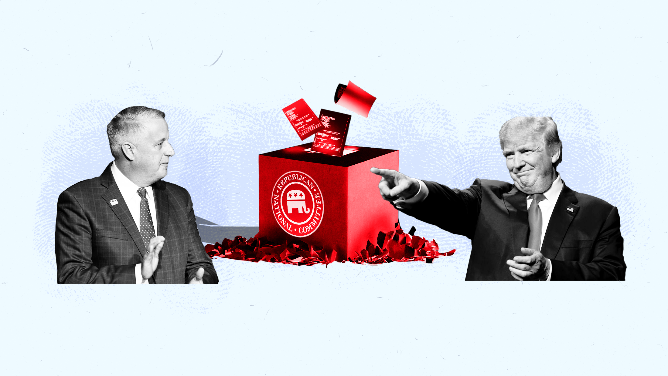 Light blue background with images of RNC Chair Michael Whatley and Donald Trump with a red ballot box that reads "Republican National Committee" on it with an elephant that has red-toned court documents coming out of the box.
