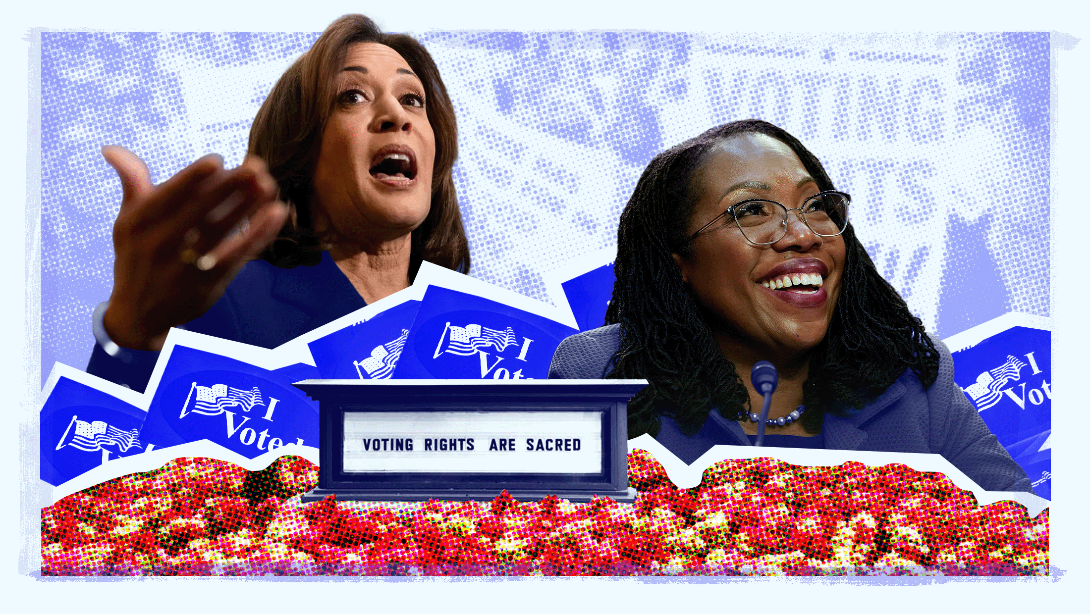 Blue background with images of Vice President Kamala Harris and Supreme Court Justice Ketanji Brown Jackson with blue "I Voted" signs and a sign that reads "ALL VOTES ARE SACRED"