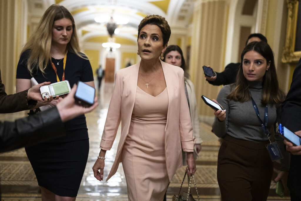 UNITED STATES - MARCH 6: Kari Lake, Republican Senate candidate from Arizona, is seen in the U.S. Capitol after a meeting with Senate Minority Leader Mitch McConnell, R-Ky., on Wednesday, March 6, 2024. (Tom Williams/CQ Roll Call via AP Images)