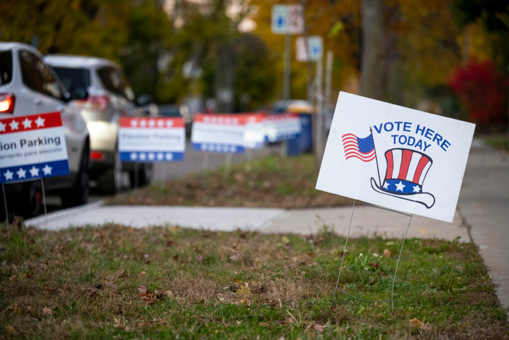  A "vote here today" sign outside a polling station in Michigan on Election Day, 2020. (Adobe Stock)