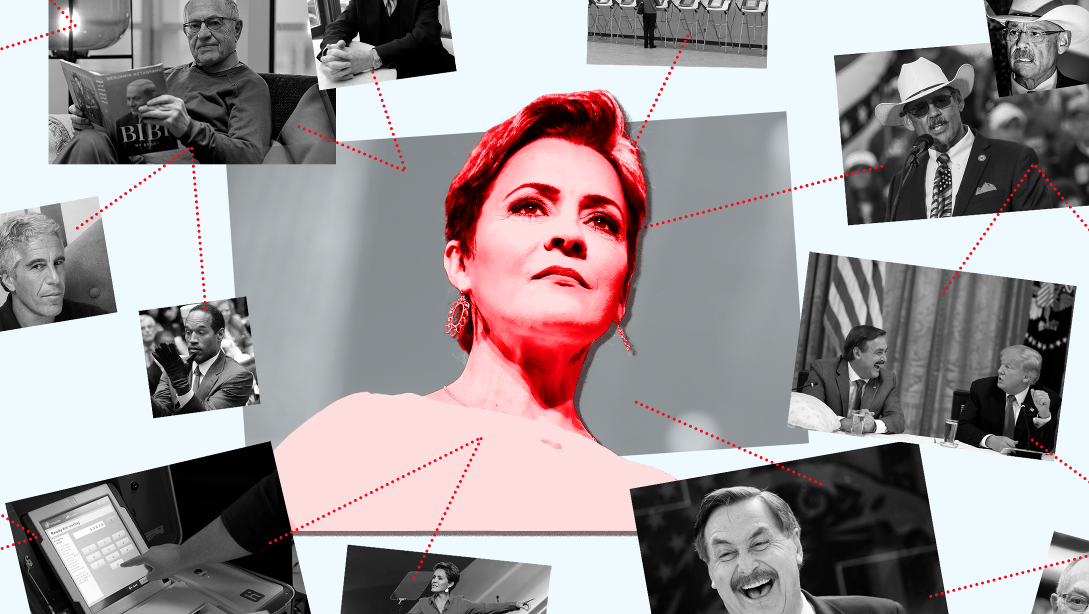 A pin board with Kari Lake rendered in red in the center. Red dotted lines connect her with pictures of Mark Finchem, Mike Lindell, Alan Dershowitz, Jeffrey Epstein, O.J. Simpson, Donald Trump, and an electronic voting machine.